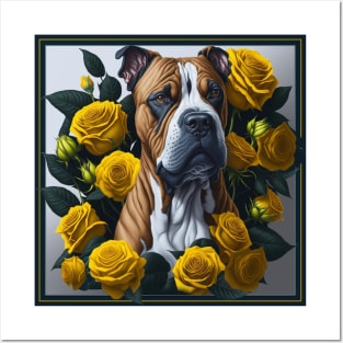 Staffordshire bull terrier yellow roses 2 Posters and Art